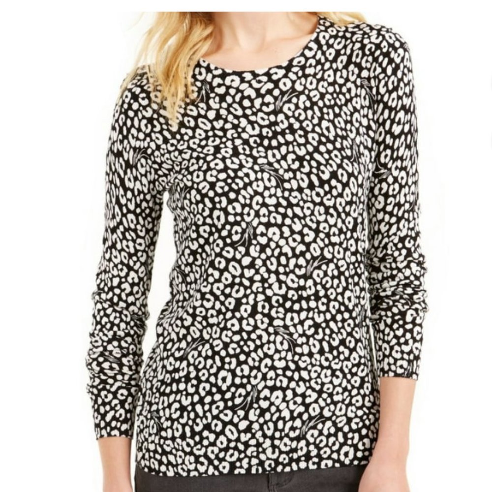 MICHAEL KORS | Black/White Leopard Print Long Sleeve Crew Neck Top | Small